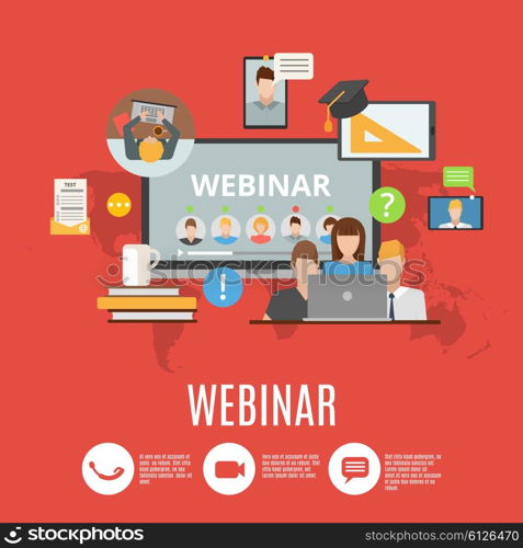 Webinar Flat Design Concept. Webinar flat design concept with icons of online information exchange and corporate conference flat vector illustration