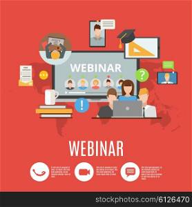 Webinar Flat Design Concept. Webinar flat design concept with icons of online information exchange and corporate conference flat vector illustration
