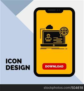 webinar, forum, online, seminar, website Glyph Icon in Mobile for Download Page. Yellow Background. Vector EPS10 Abstract Template background