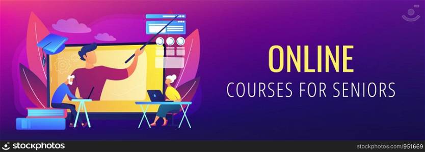Webinar, Internet lesson. Distance university tutor, educator. Online learning for seniors, online courses for seniors, additional education concept. Header or footer banner template with copy space.. Online learning for seniors concept banner header