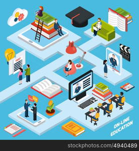 Webinar Isometric Composition . Webinar isometric composition with online education symbols on blue background vector illustration