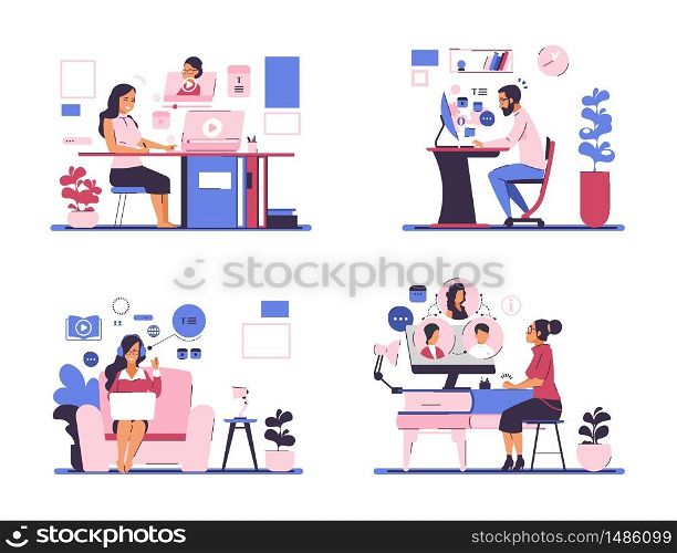 Webinar. Online meeting and self education concept with business cartoon characters staying at home. Vector illustrations online lessons and tutorial like educational template site. Webinar. Online meeting and self education concept with business cartoon characters staying at home. Vector online lessons and tutorial