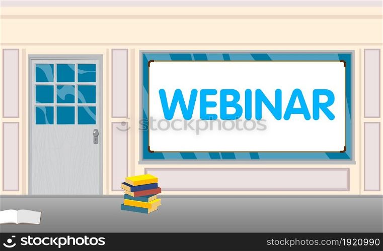 Webinar text with front door background. Bar, Cafe or drink establishment front with poster.
