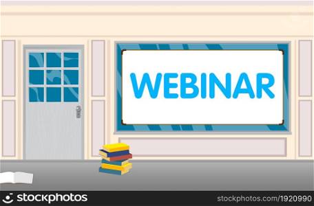 Webinar text with front door background. Bar, Cafe or drink establishment front with poster.