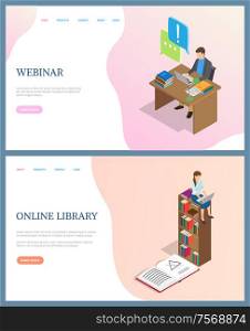 Webinar web page, man using laptop, sitting at table with notebook. Online library, woman working with computer on shelf with books, e-learning vector. Webinar and Online Library, E-learning Vector
