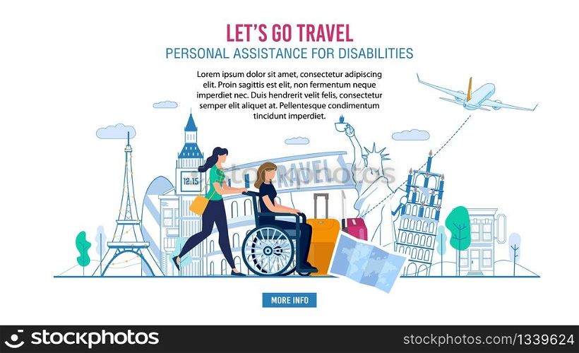 Webpage Banner Advertising Professional Assistance for Disabled People during Europe Voyage, Travelling on Vacation. Woman Volunteer Pushing Lady in Wheelchair, Help with Luggage Vector Illustration
