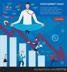 Webpage Banner Give More Information about Stock Market Crash. Digital Graphs and Charts, Data Analytical Financial Statistic. Huge Calm Man Meditating over Furious Traders. Vector Illustration. Webpage Banner Give Info about Stock Market Crash