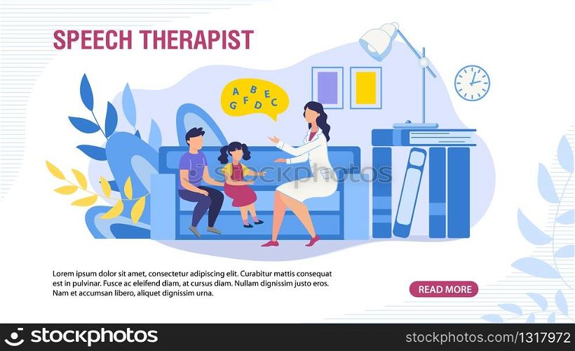 Webpage Banner with Children and Speech Therapist. Special Didactic Training and Education for Kids with Conversational Disorders. Medicine, Healthcare and Pedagogics. Vector Cartoon Flat Illustration. Webpage Banner with Children and Speech Therapist