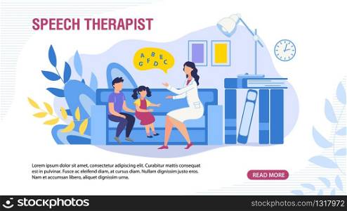 Webpage Banner with Children and Speech Therapist. Special Didactic Training and Education for Kids with Conversational Disorders. Medicine, Healthcare and Pedagogics. Vector Cartoon Flat Illustration. Webpage Banner with Children and Speech Therapist