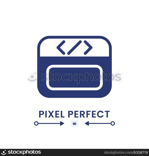 Webpage coding black solid desktop icon. Web programming. Software development. Website builder. Pixel perfect, outline 4px. Silhouette symbol on white space. Glyph pictogram. Isolated vector image. Webpage coding black solid desktop icon