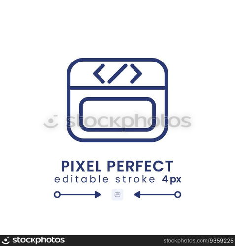 Webpage coding linear desktop icon. Web page programming. Software development. Website builder. Pixel perfect, outline 4px. GUI, UX design. Isolated user interface element. Editable stroke. Webpage coding linear desktop icon
