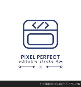 Webpage coding linear desktop icon. Web page programming. Software development. Website builder. Pixel perfect, outline 4px. GUI, UX design. Isolated user interface element. Editable stroke. Webpage coding linear desktop icon