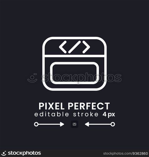 Webpage coding white linear desktop icon on black. Web page programming. Software development. Pixel perfect, outline 4px. Isolated user interface symbol for dark theme. Editable stroke. Webpage coding white linear desktop icon on black