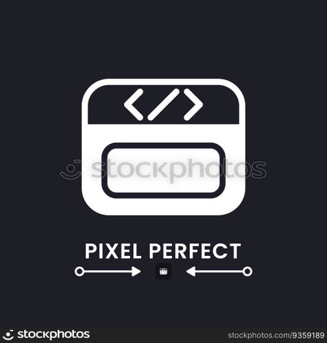 Webpage coding white solid desktop icon. Web page programming. Software development. Pixel perfect, outline 4px. Silhouette symbol for dark mode. Glyph pictogram. Vector isolated image. Webpage coding white solid desktop icon