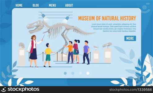 Webpage Presenting Natural History Museum for Kids. Landing Page Template for Digital Devices. Guide Showing Children Group Prehistoric Times Dinosaur Skeleton and Bones. Vector Illustration