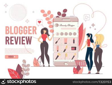 Webpage Presents Fashion Blogger Review. Instablog. Young Woman Showing New Cosmetics Products and Trends in Makeup on Mobile to Followers. Online Beauty Content for Social Media Network Creation. Webpage Presents Fashion Blogger Review for Girls