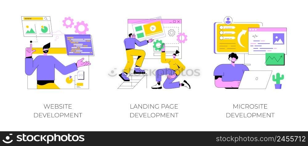 Webpage programming abstract concept vector illustration set. Website, landing page, microsite development, layout, front and back end, design template, menu bar, user experience abstract metaphor.. Webpage programming abstract concept vector illustrations.