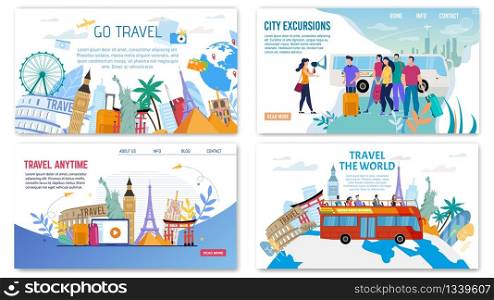 Webpage Set Offering City Excursion, World Trip, Exciting Journey to Europe, Oriental or Exotic Countries. Travelling by Bus, Airplane. Video Review about Destination Place. Vector Illustration