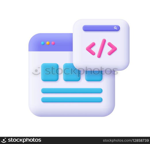 Webpage with code symbol. Web Development, software engineering, programming and coding concept.. 3d vector icon. Cartoon minimal style.