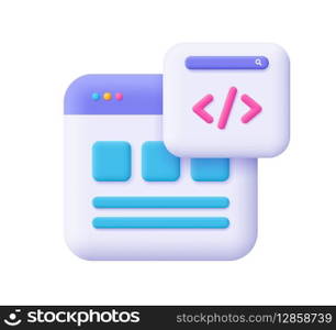 Webpage with code symbol. Web Development, software engineering, programming and coding concept.. 3d vector icon. Cartoon minimal style.