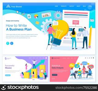 Webpage with links of business plan, successful mission, statistical data analysis. Screen of teamwork with laptops, rise up diagram in flat style vector. Webpage of Business Plan, Successful Mission Vector