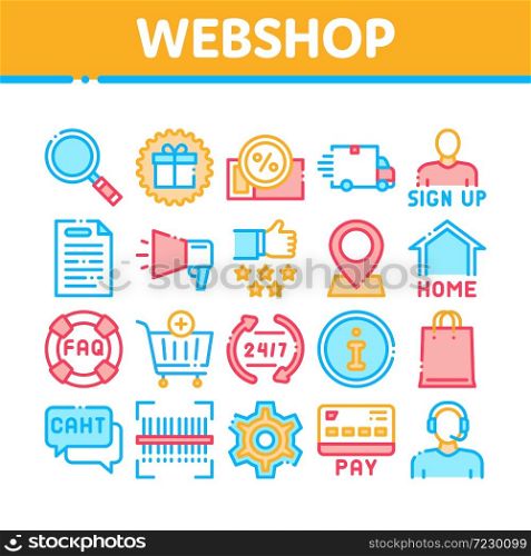 Webshop Internet Store Collection Icons Set Vector. Webshop Online Shop Coupon And Buy, Chat And Faq, Information And Pay Concept Linear Pictograms. Color Illustrations. Webshop Internet Store Collection Icons Set Vector