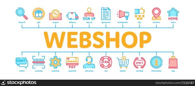 Webshop Internet Store Minimal Infographic Web Banner Vector. Webshop Online Shop Coupon And Buy, Chat And Faq, Information And Pay Illustration. Webshop Internet Store Minimal Infographic Banner Vector