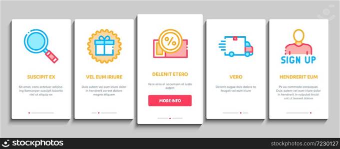 Webshop Internet Store Onboarding Mobile App Page Screen Vector Webshop Online Shop Coupon And Buy, Chat And Faq, Information And Pay Color Illustrations. Webshop Internet Store Onboarding Elements Icons Set Vector