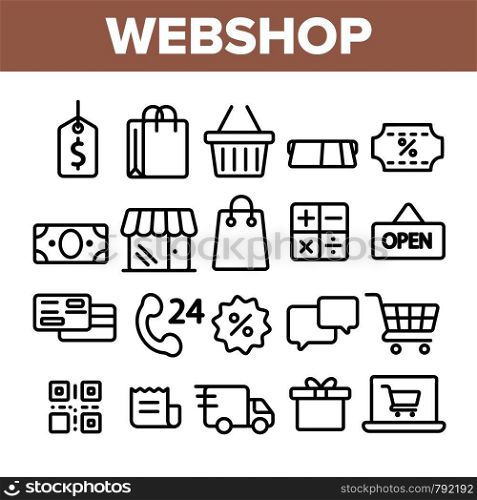 Webshop, Online Shopping Linear Vector Icons Set. E Commerce Thin Line Contour Symbols Pack. Internet Purchases Pictograms Collection. Online Sales. Goods Delivery Outline Illustrations. Webshop, Online Shopping Linear Vector Icons Set