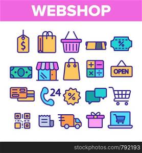 Webshop, Online Shopping Linear Vector Icons Set. E Commerce Thin Line Contour Symbols Pack. Internet Purchases Pictograms Collection. Online Sales. Goods Delivery Outline Illustrations. Webshop, Online Shopping Linear Vector Icons Set