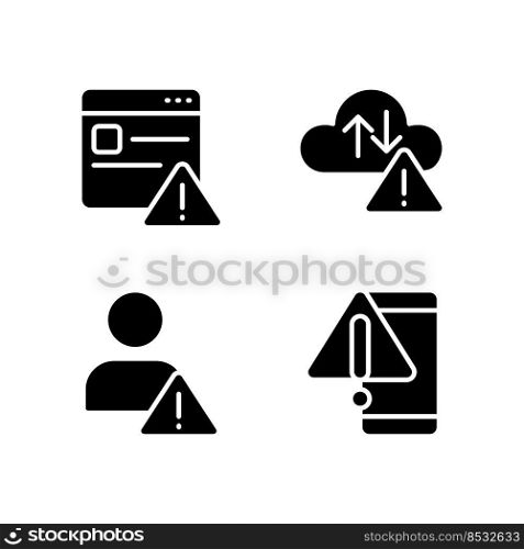Website access denied black glyph icons set on white space. Cloud data storage issue. Smartphone breakage. Unknown user. Silhouette symbols. Solid pictogram pack. Vector isolated illustration. Website access denied black glyph icons set on white space