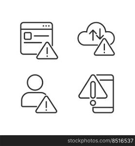 Website access denied pixel perfect linear icons set. Cloud storage issue. Smartphone breakage. Unknown user. Customizable thin line symbols. Isolated vector outline illustrations. Editable stroke. Website access denied pixel perfect linear icons set
