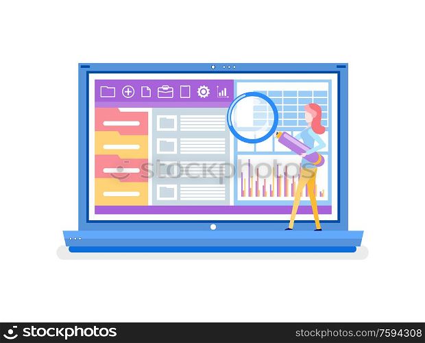 Website analysis performed by worker vector. Laptop with data on project lady zooming graphs and analyzing information on screen. Magnifying glass tool. Laptop with Information and Infocharts, Analysis