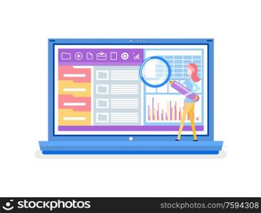 Website analysis performed by worker vector. Laptop with data on project lady zooming graphs and analyzing information on screen. Magnifying glass tool. Laptop with Information and Infocharts, Analysis