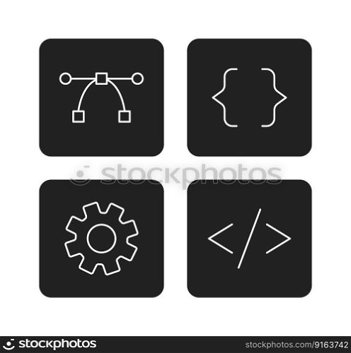 Website, app development buttons monochrome flat vector icons pack. Editable full sized black and white elements. Simple thin line art spot illustrations set for web graphic design and animation. Website, app development buttons monochrome flat vector icons pack