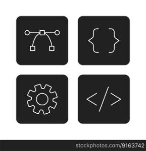 Website, app development buttons monochrome flat vector icons pack. Editable full sized black and white elements. Simple thin line art spot illustrations set for web graphic design and animation. Website, app development buttons monochrome flat vector icons pack