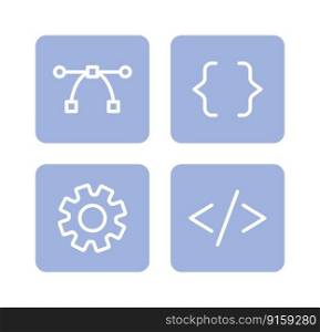 Website, app development buttons semi flat color vector icons pack. Programming. Editable full sized elements on white. Simple cartoon style spot illustrations set for web graphic design and animation. Website, app development buttons semi flat color vector icons pack
