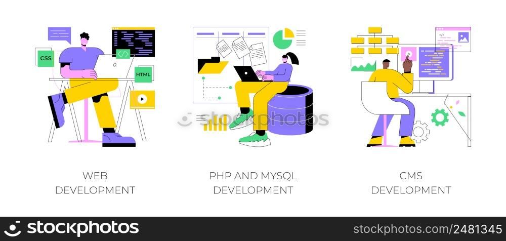 Website architecture abstract concept vector illustration set. Web development, PHP and MySql, CMS content management system, interface design, software testing, application coding abstract metaphor.. Website architecture abstract concept vector illustrations.