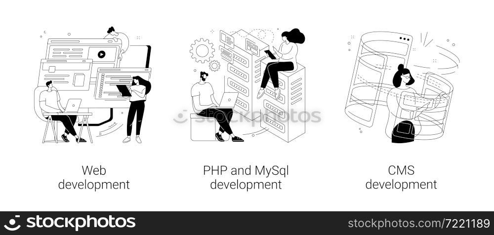 Website architecture abstract concept vector illustration set. Web development, PHP and MySql, CMS content management system, interface design, software testing, application coding abstract metaphor.. Website architecture abstract concept vector illustrations.