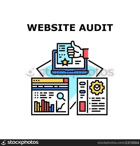 Website Audit Vector Icon Concept. Website Audit Making Finance Auditor, Researching And Analyzing Annual Financial Report Infographic And Money Profit. Web Site Color Illustration. Website Audit Vector Concept Color Illustration