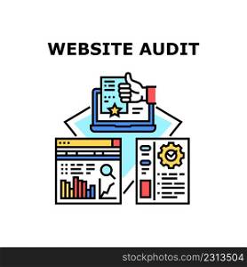 Website Audit Vector Icon Concept. Website Audit Making Finance Auditor, Researching And Analyzing Annual Financial Report Infographic And Money Profit. Web Site Color Illustration. Website Audit Vector Concept Color Illustration