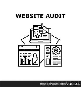 Website Audit Vector Icon Concept. Website Audit Making Finance Auditor, Researching And Analyzing Annual Financial Report Infographic And Money Profit. Web Site Black Illustration. Website Audit Vector Concept Black Illustration
