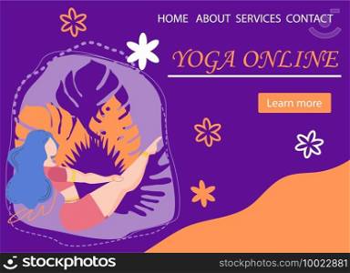Website banner design for Yoga studio promotion with Learn more button. Yogi woman meditating. Cute flat female character and decorative plants. Website banner design for Yoga studio promotion with Learn more button. Yogi woman meditating