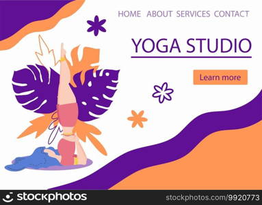 Website banner design for Yoga studio promotion with Learn more button. Yogi woman meditating. Cute flat female character and decorative plants, bright leaves. Website banner design for Yoga studio promotion with Learn more button. Yogi woman meditating