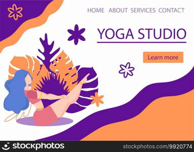 Website banner design for Yoga studio promotion with Learn more button. Yogi woman meditating. Cute flat female character and decorative plants, bright leaves. Website banner design for Yoga studio promotion with Learn more button. Yogi woman meditating