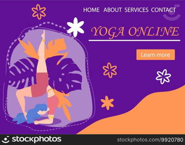 Website banner design for Yoga studio promotion with Learn more button. Yogi woman meditating. Cute flat female character and decorative plants. Website banner design for Yoga studio promotion with Learn more button. Yogi woman meditating