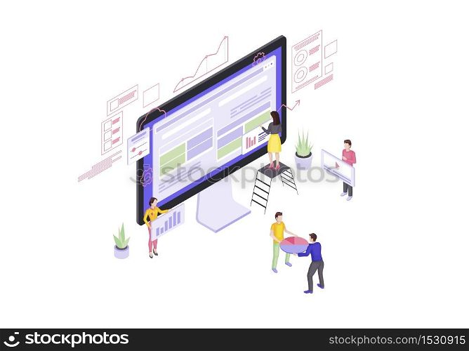 Website builder isometric vector illustration. Web design and development. Webpage construction 3d concept. Web page constructor. People building website. Team create interface isolated clipart . Website builder isometric vector illustration