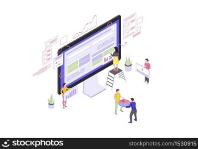 Website builder isometric vector illustration. Web design and development. Webpage construction 3d concept. Web page constructor. People building website. Team create interface isolated clipart . Website builder isometric vector illustration