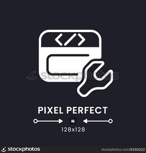 Website builder white solid desktop icon. Small business software. Without coding. Pixel perfect 128x128, outline 4px. Silhouette symbol for dark mode. Glyph pictogram. Vector isolated image. Website builder white solid desktop icon