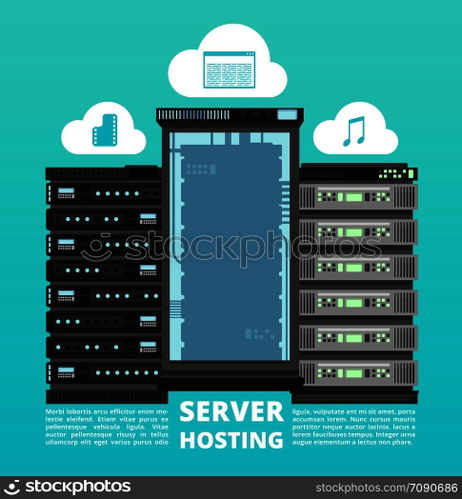 Website cloud hosting, digital data storage and computer server support vector concept. Cloud of network, digital hosting storage illustration. Website cloud hosting, digital data storage and computer server support vector concept